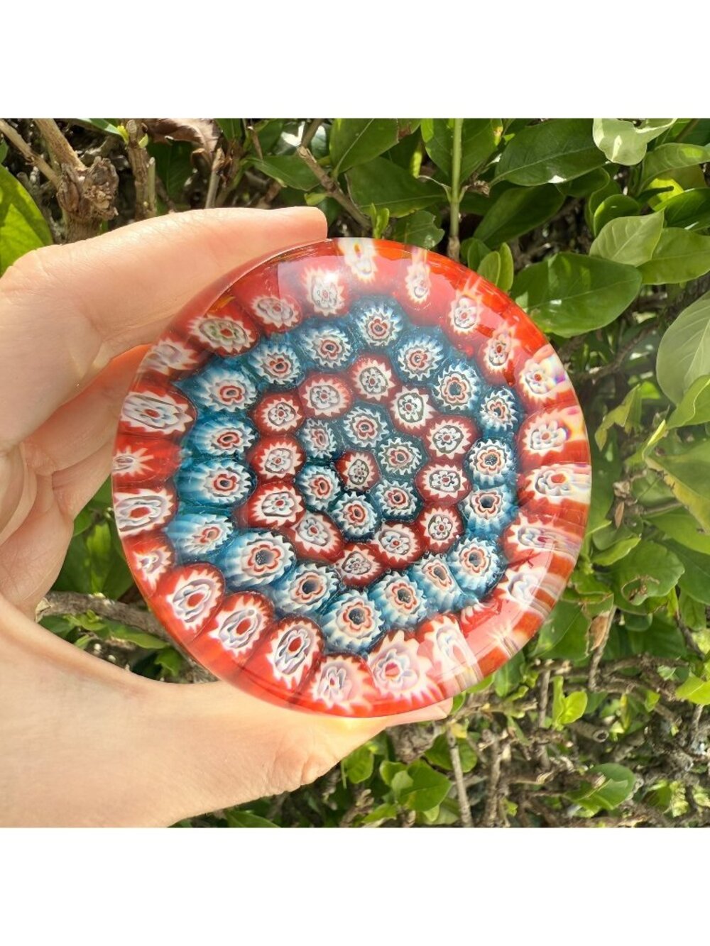 Vintage Millefiori Art Glass Paperweight Red White Blue Patriotic